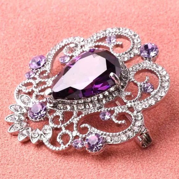 Brooch Rhinestone Elegant Filigree Purple Crystal Pin Sparkle Pear Shape Stone - Picture 4 of 5